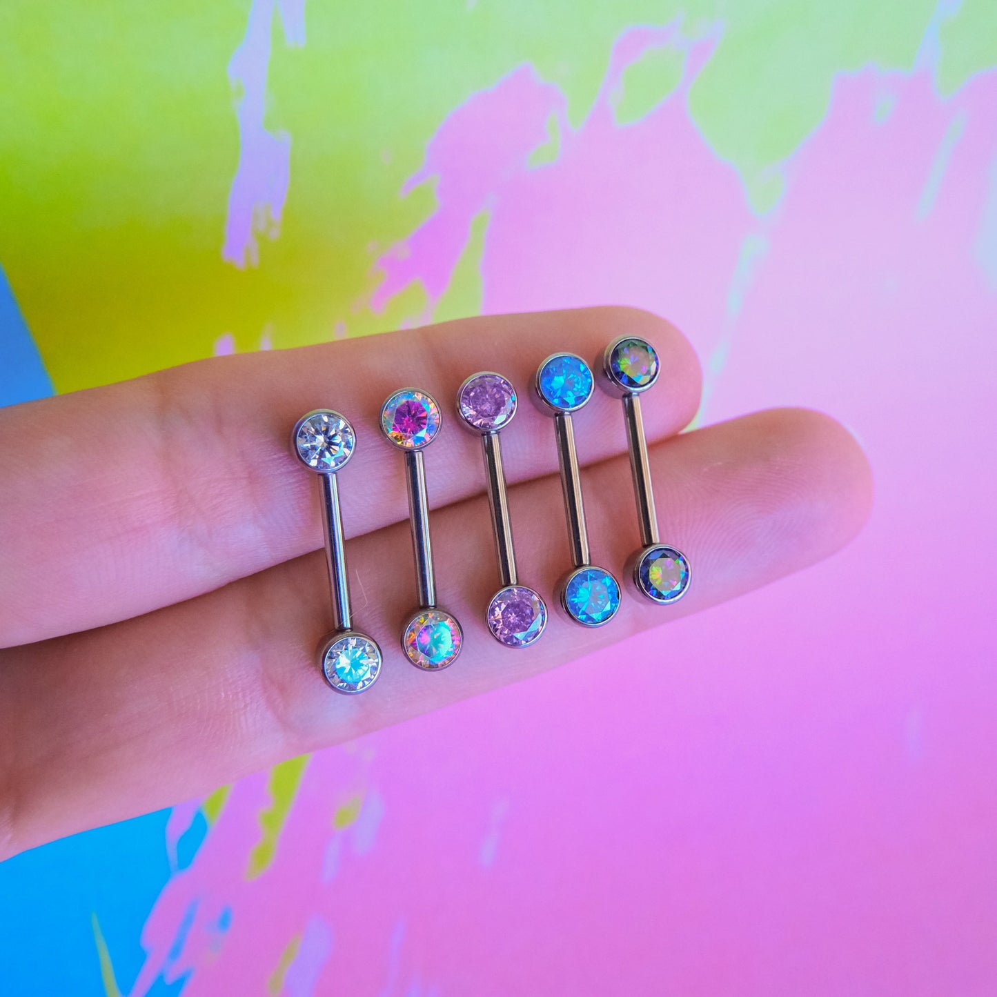 Titanium internally threaded zircon nipple barbell