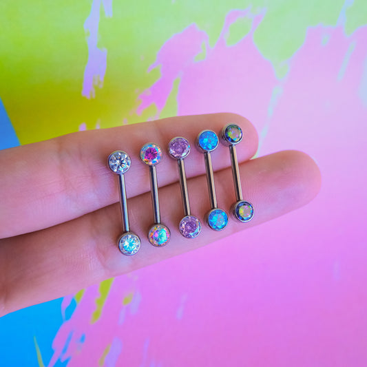 Titanium internally threaded zircon nipple barbell