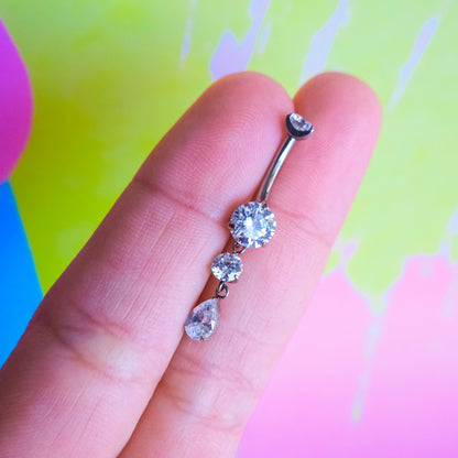 Titanium mini navel three zircon dangles